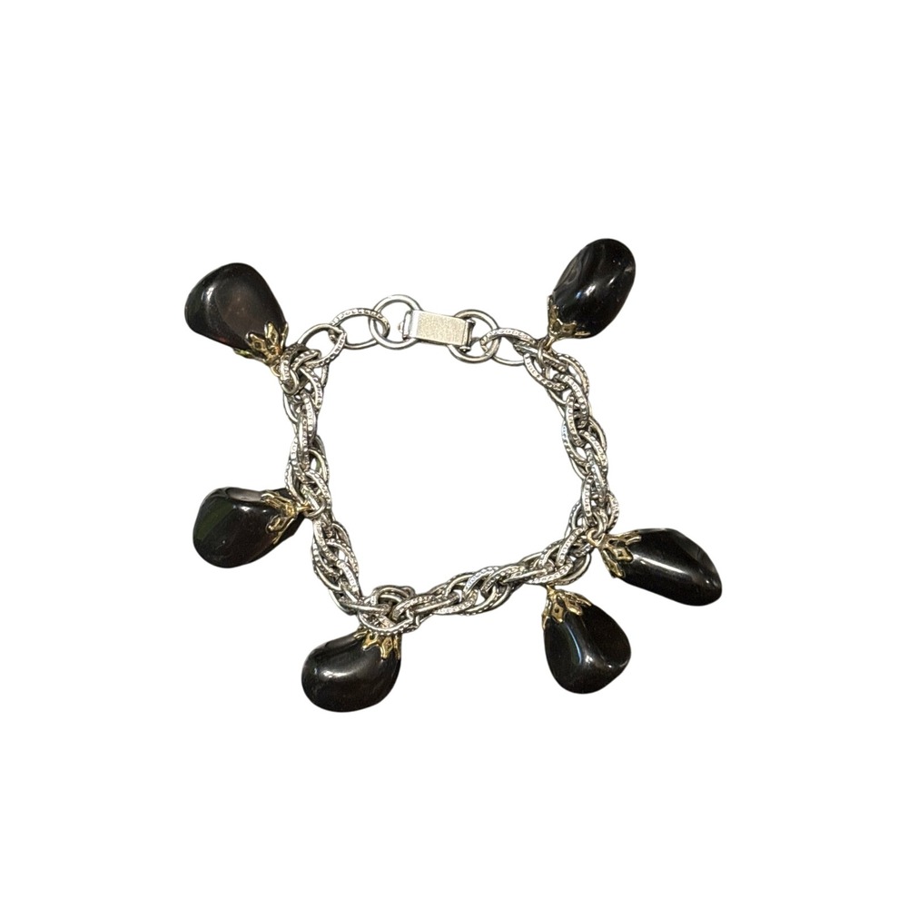 Vtg Silver Tone Chain charm bracelet smoky quartz Stone‎ Womens Jewelry 6"
